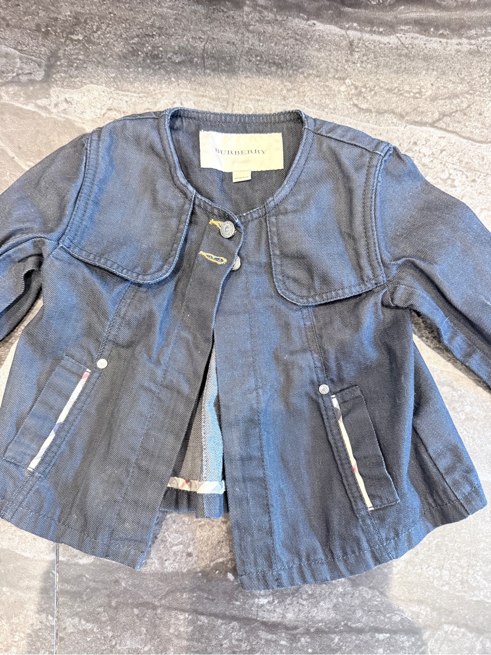 Burberry Girls' Dark Blue Denim Jacket with Check-Trim Pockets